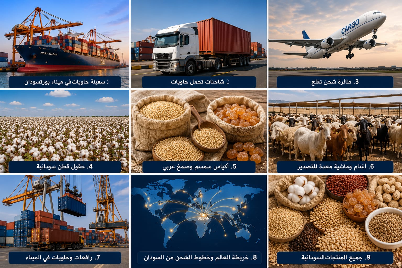 Sudanese export products - sesame, gum arabic, cotton, livestock